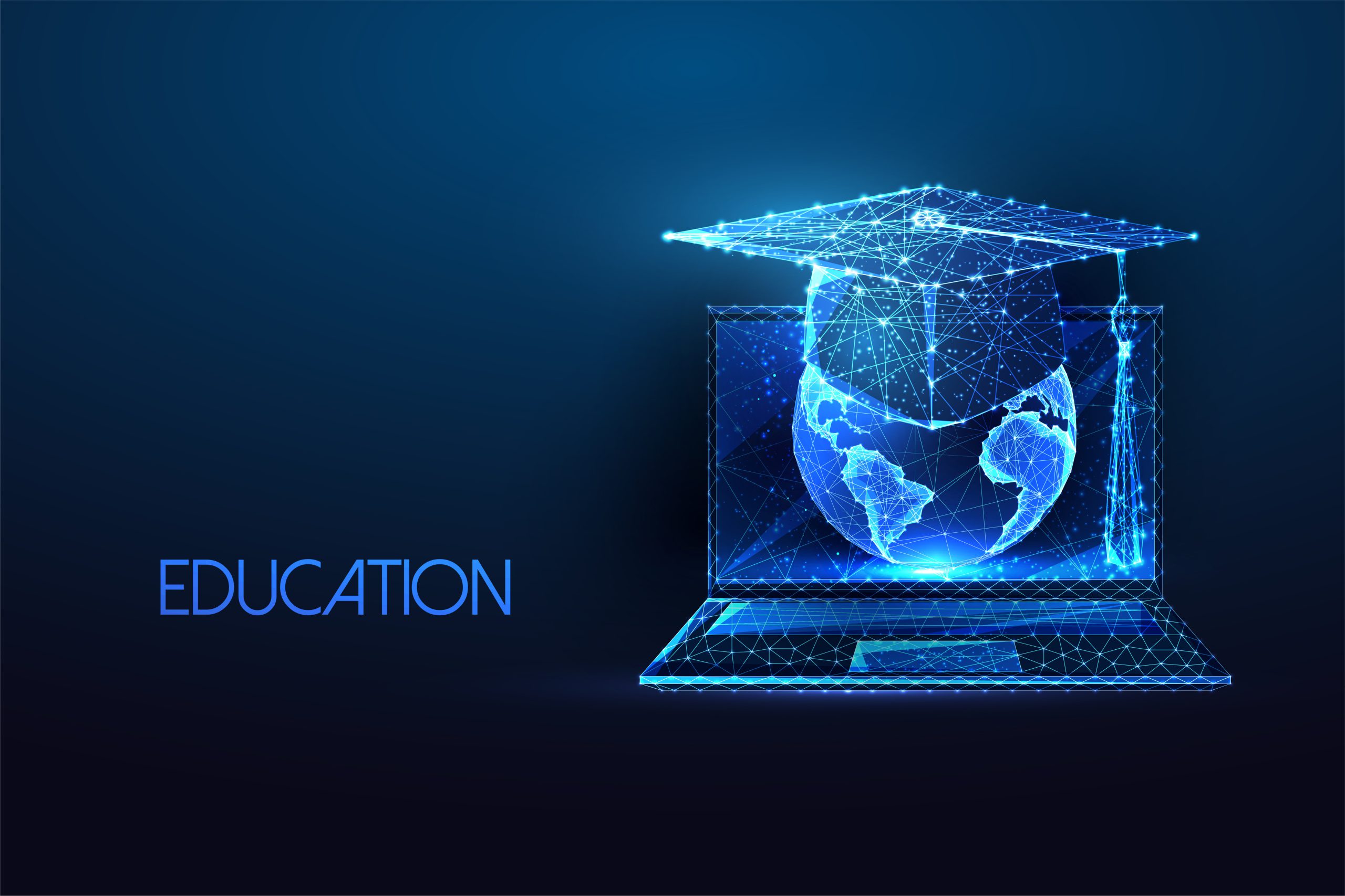 Concept of global online education with laptop, planet Earth and graduation cap in futuristic style